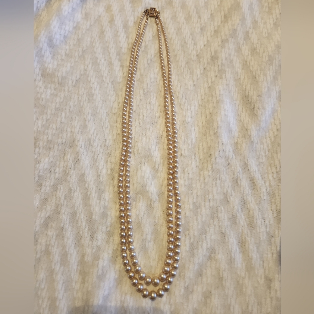 Vintage Double Strand Pearl Necklace Golden Floral Clasp